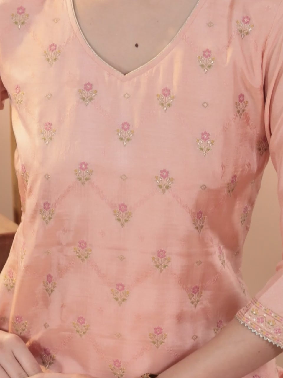  Peach Woven Design Silk Blend Straight Kurta With Trousers & Dupatta 