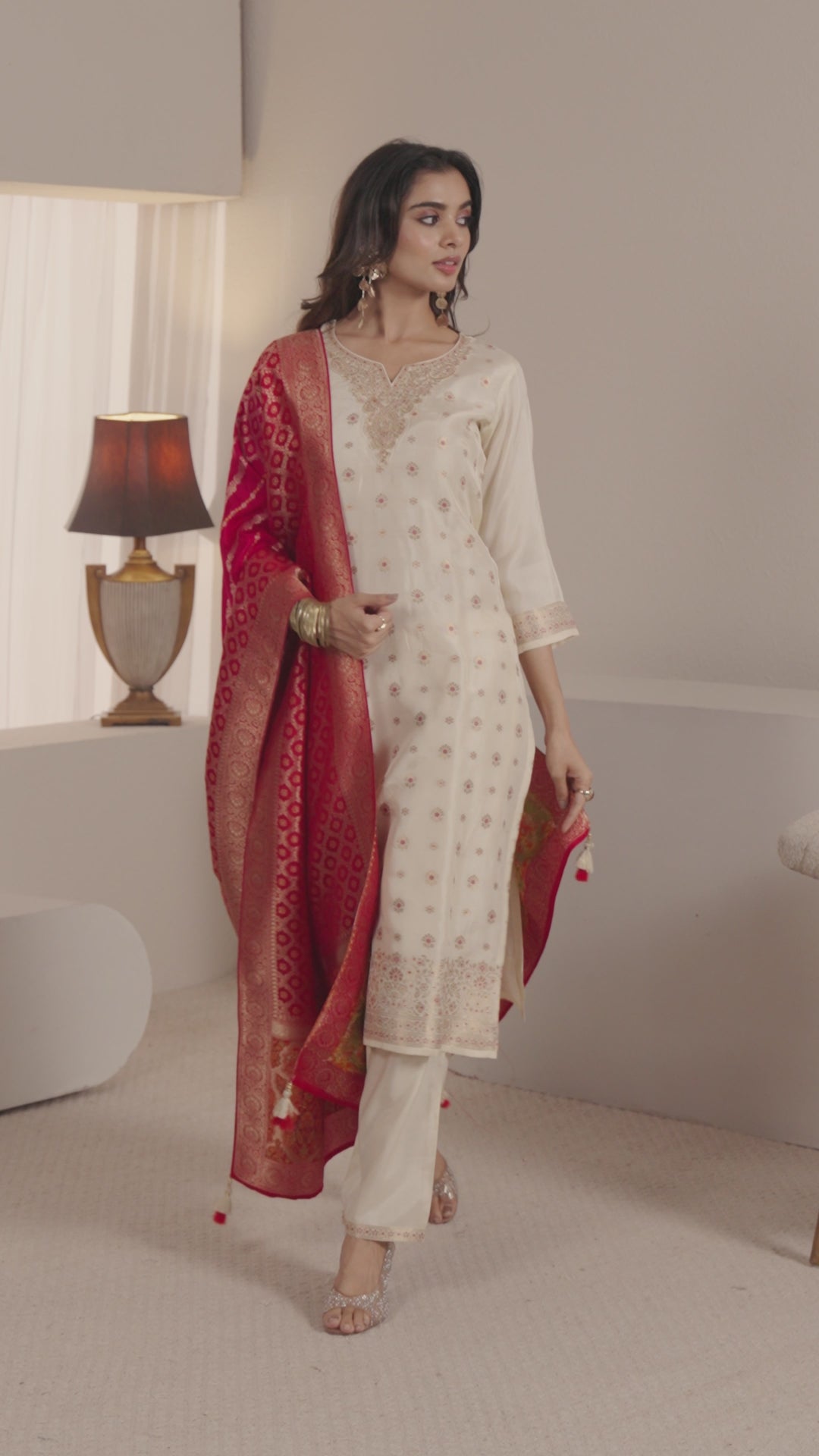  Libas Ivory Woven Design Silk Blend Straight Suit Set With Dupatta 