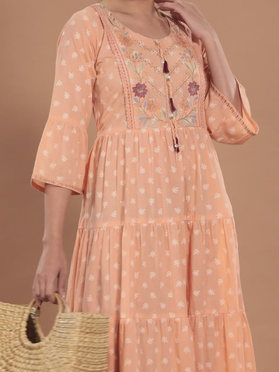  Peach Embroidered Cotton Fit and Flare Dress 