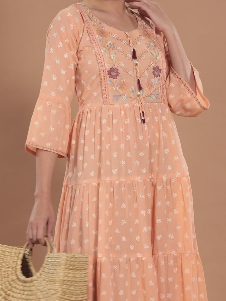 Peach Embroidered Cotton Fit and Flare Dress