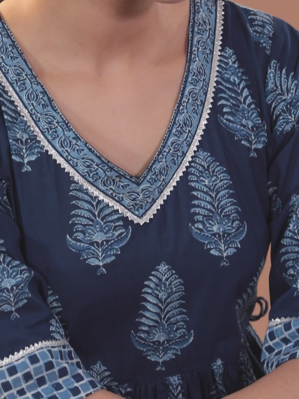 Women Indigo Blue Calf Length Three-Quarter Sleeves A-Line Quirky Printed Cotton Kurta main image 1
