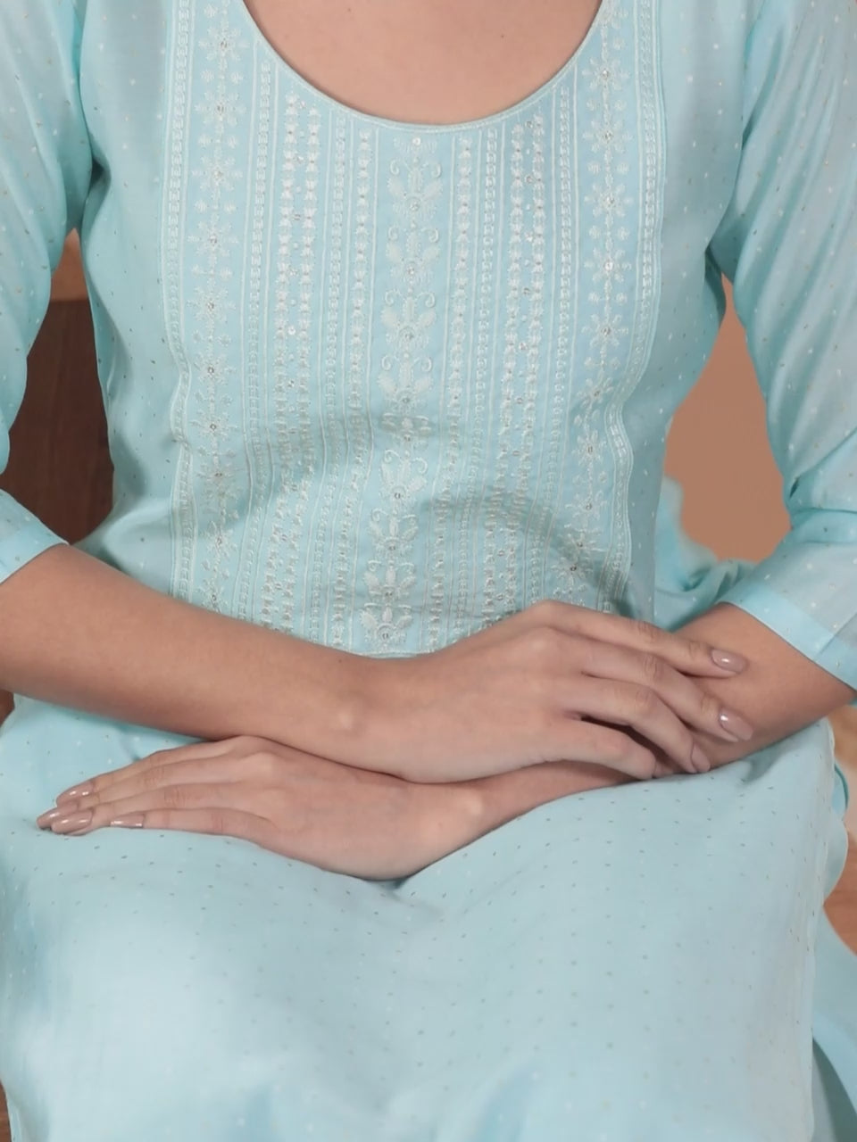  Turquoise Blue Printed Silk Blend Straight Kurta With Trousers & Dupatta 