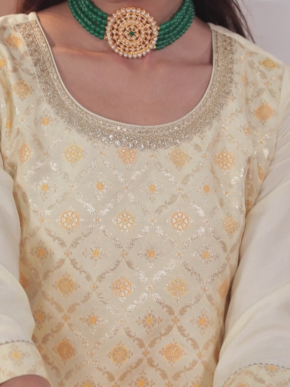  Cream Woven Design Silk Blend Straight Suit With Dupatta 