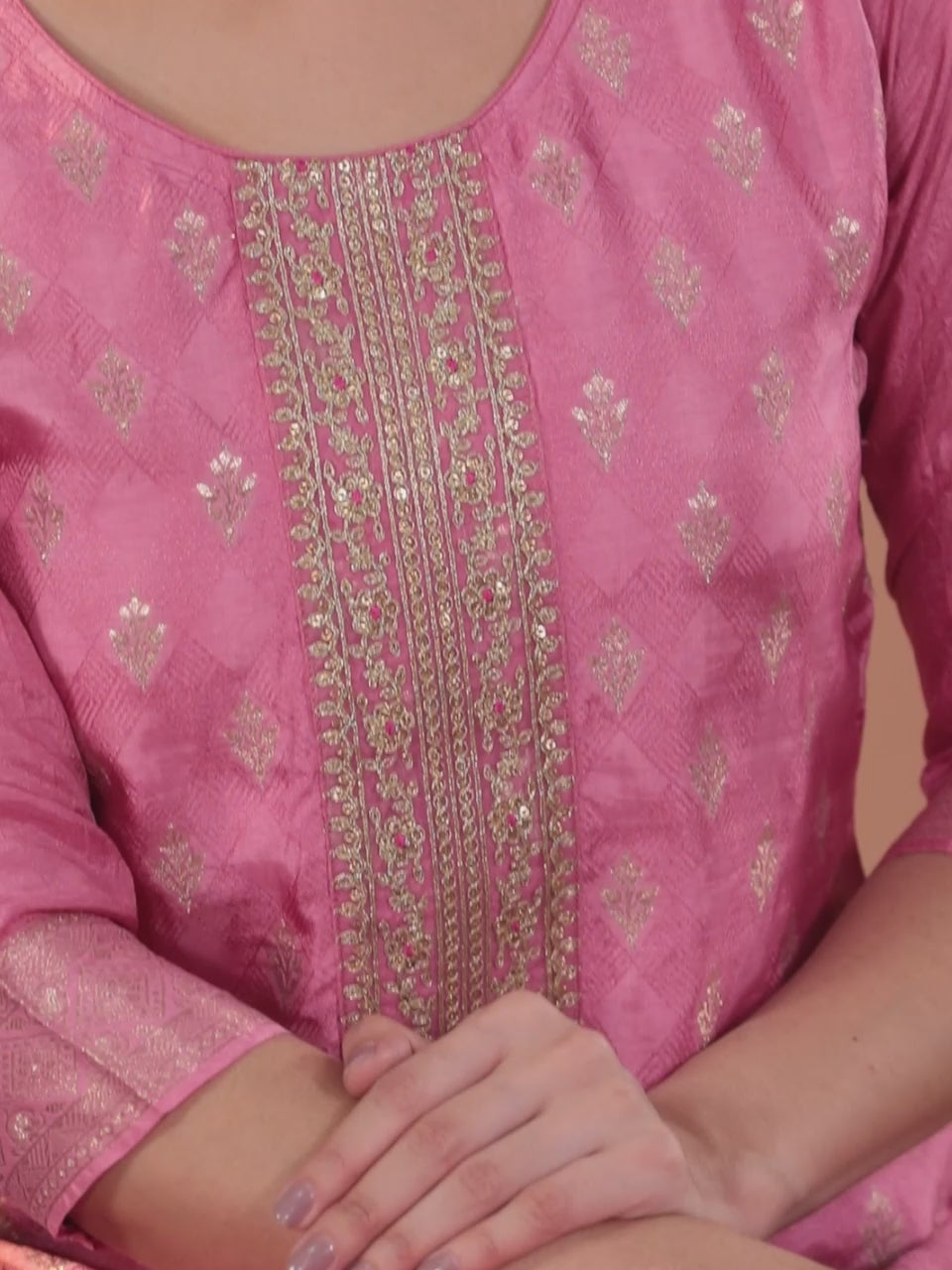  Pink Self Design Silk Blend Straight Kurta With Trousers & Dupatta 