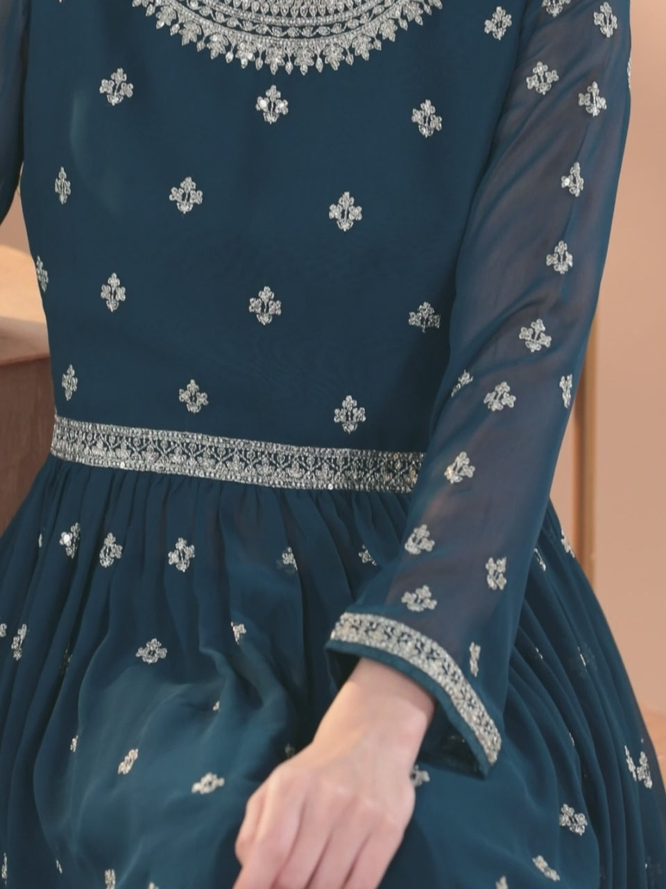  Teal Embroidered Georgette A-Line Kurta With Palazzos & Dupatta 