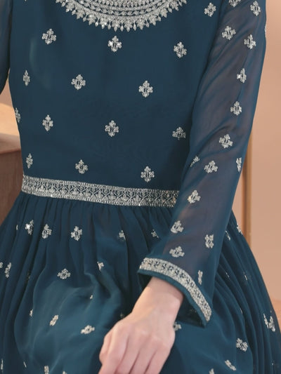 Teal Embroidered Georgette A-Line Kurta With Palazzos & Dupatta