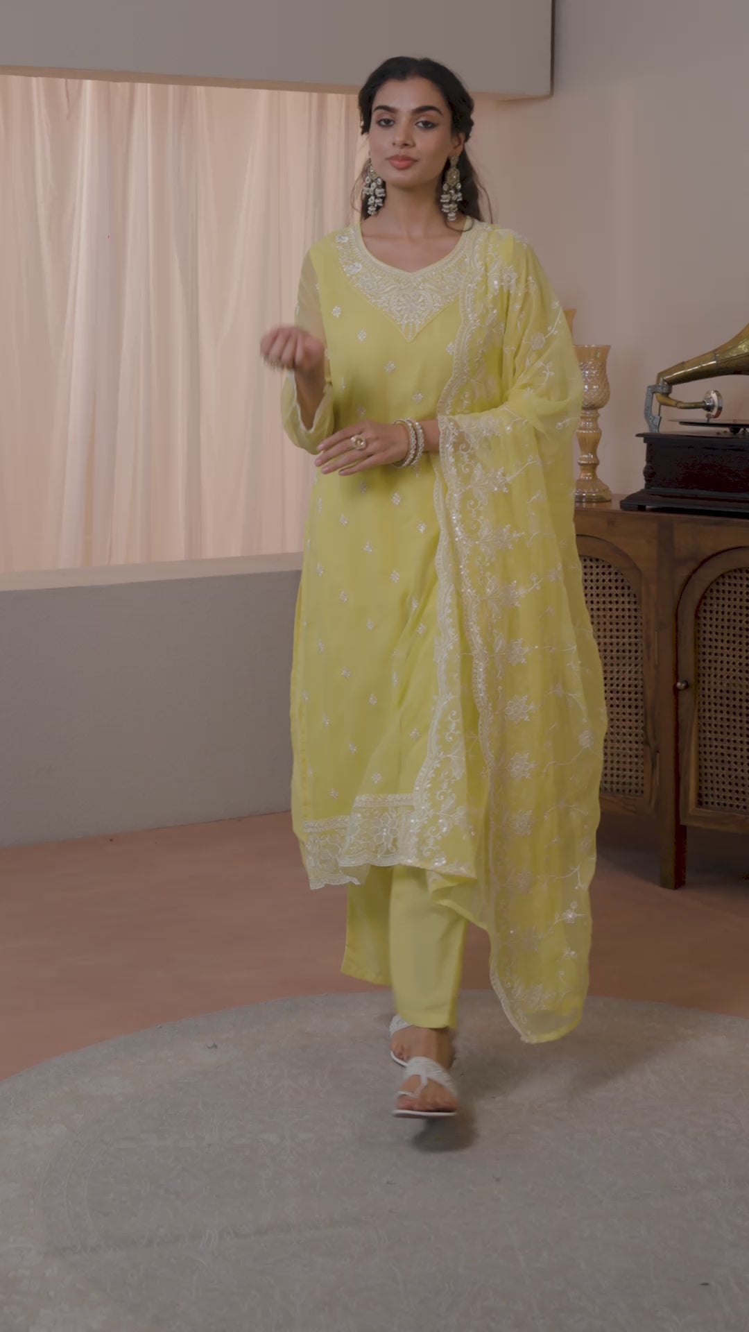 Yellow Floral Embroidered Chiffon Straight Suit Set With Dupatta 