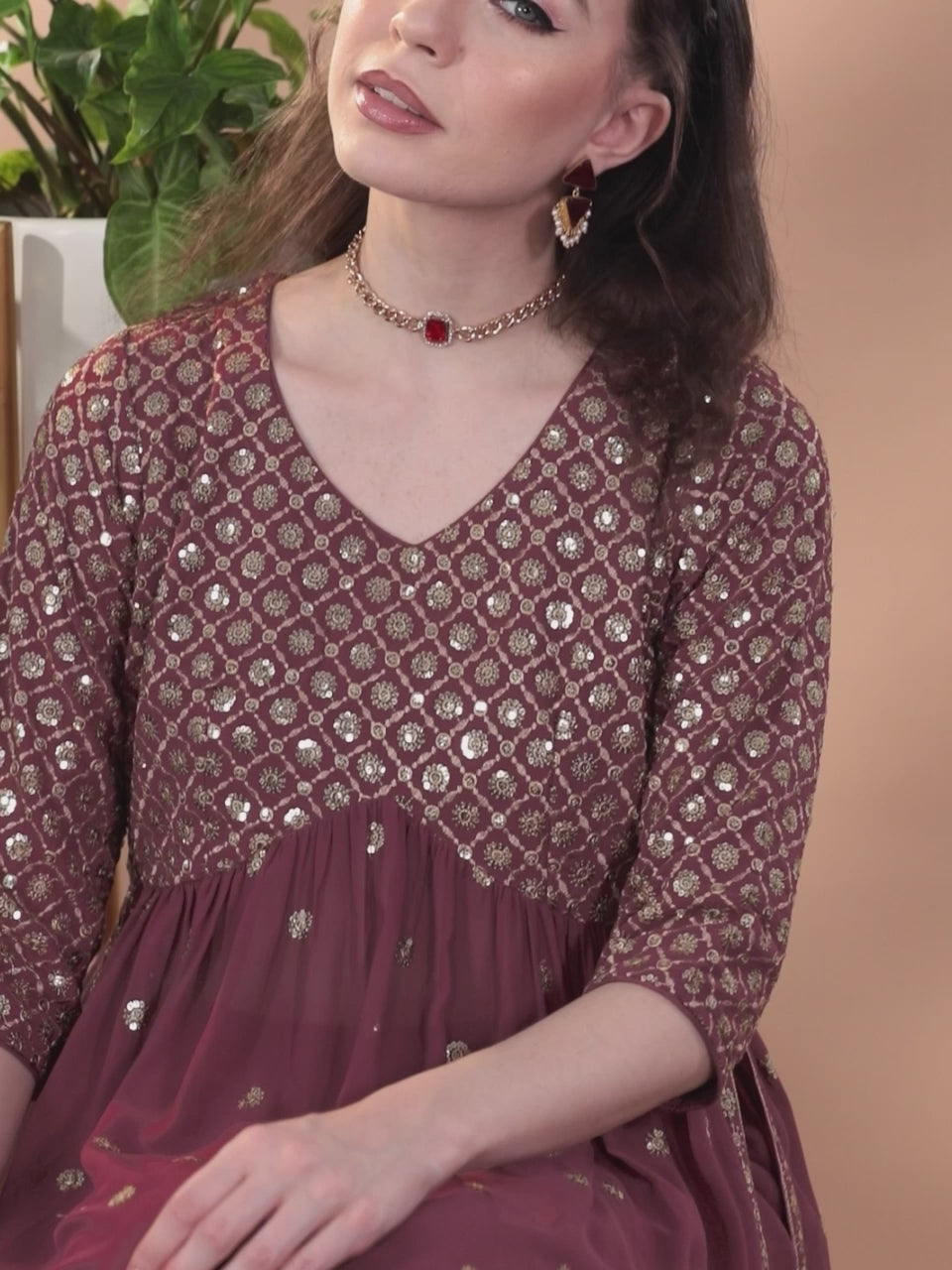 Mauve Embroidered Georgette A-Line Kurta With Palazzos & Dupatta