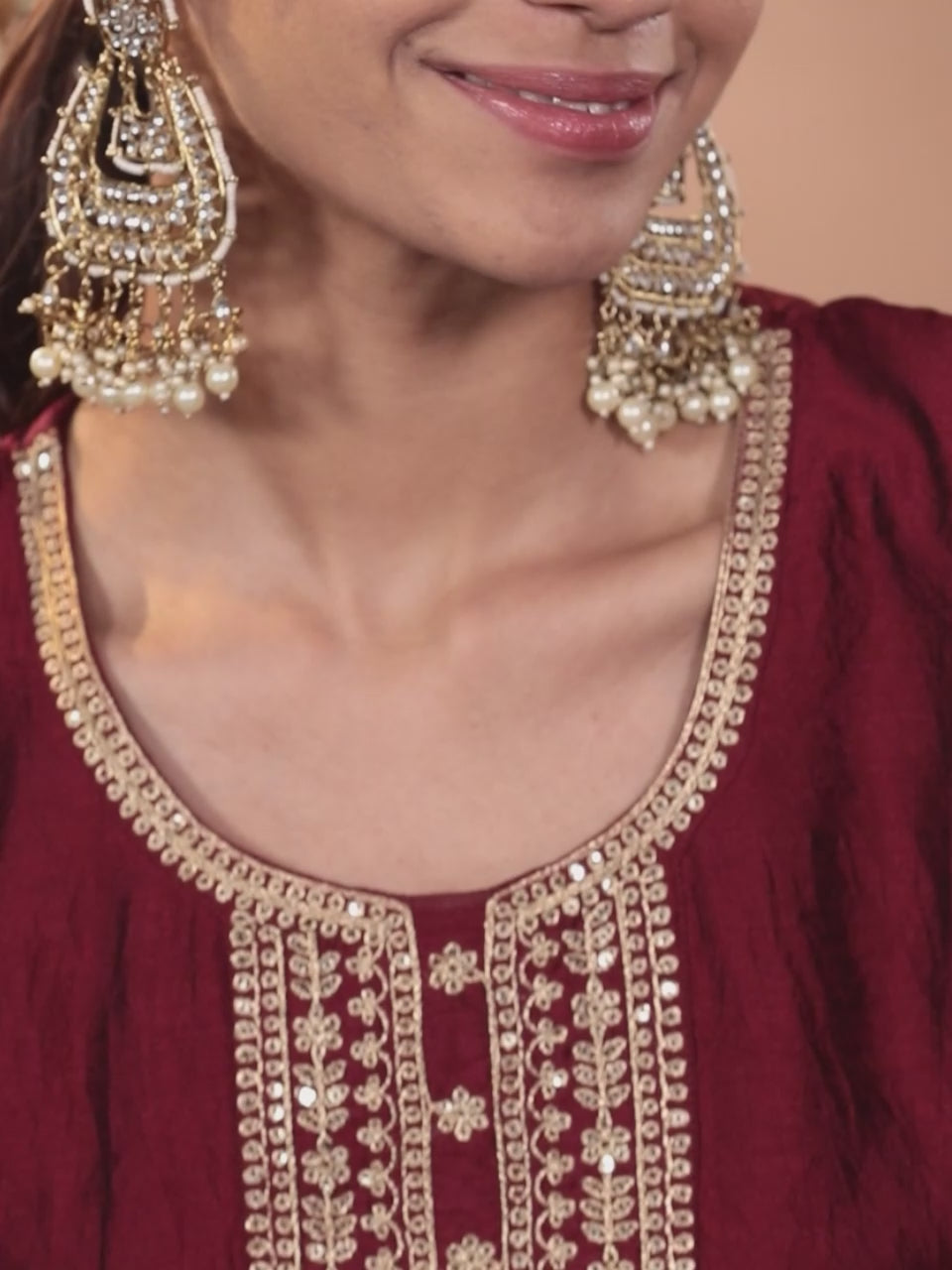 Maroon Yoke Design Silk Blend Straight Kurta With Trousers & Dupatta 