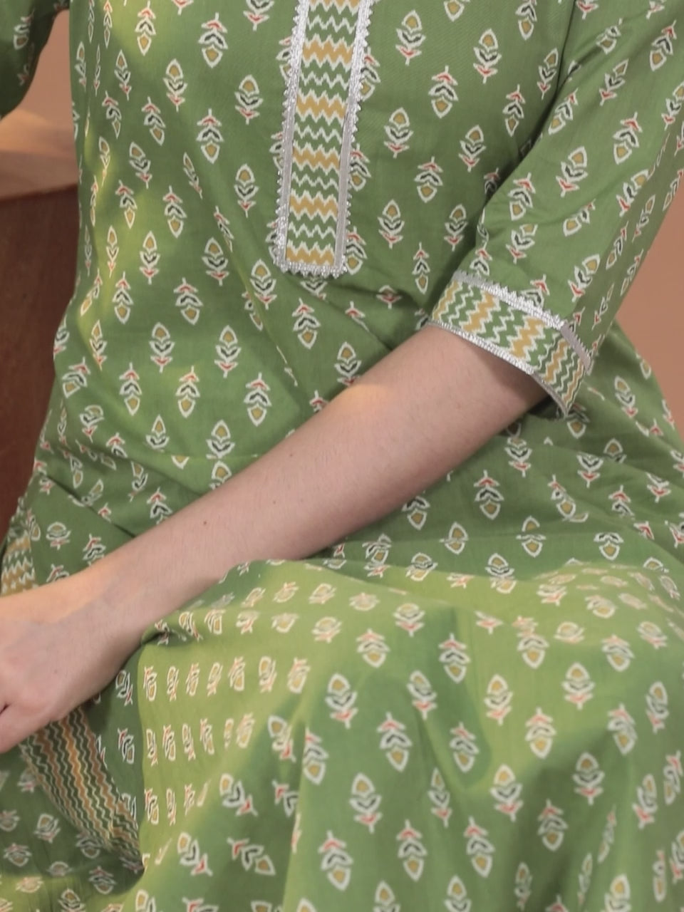  Green Printed Cotton Straight Kurta With Trousers & Dupatta 