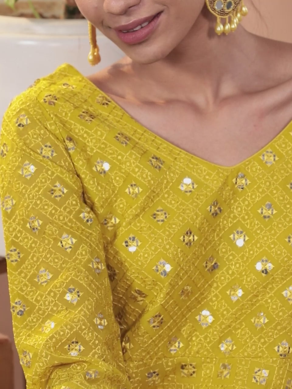 Women Mustard Georgette Schiffly Embroidered Flared Kurta with pant & dupatta