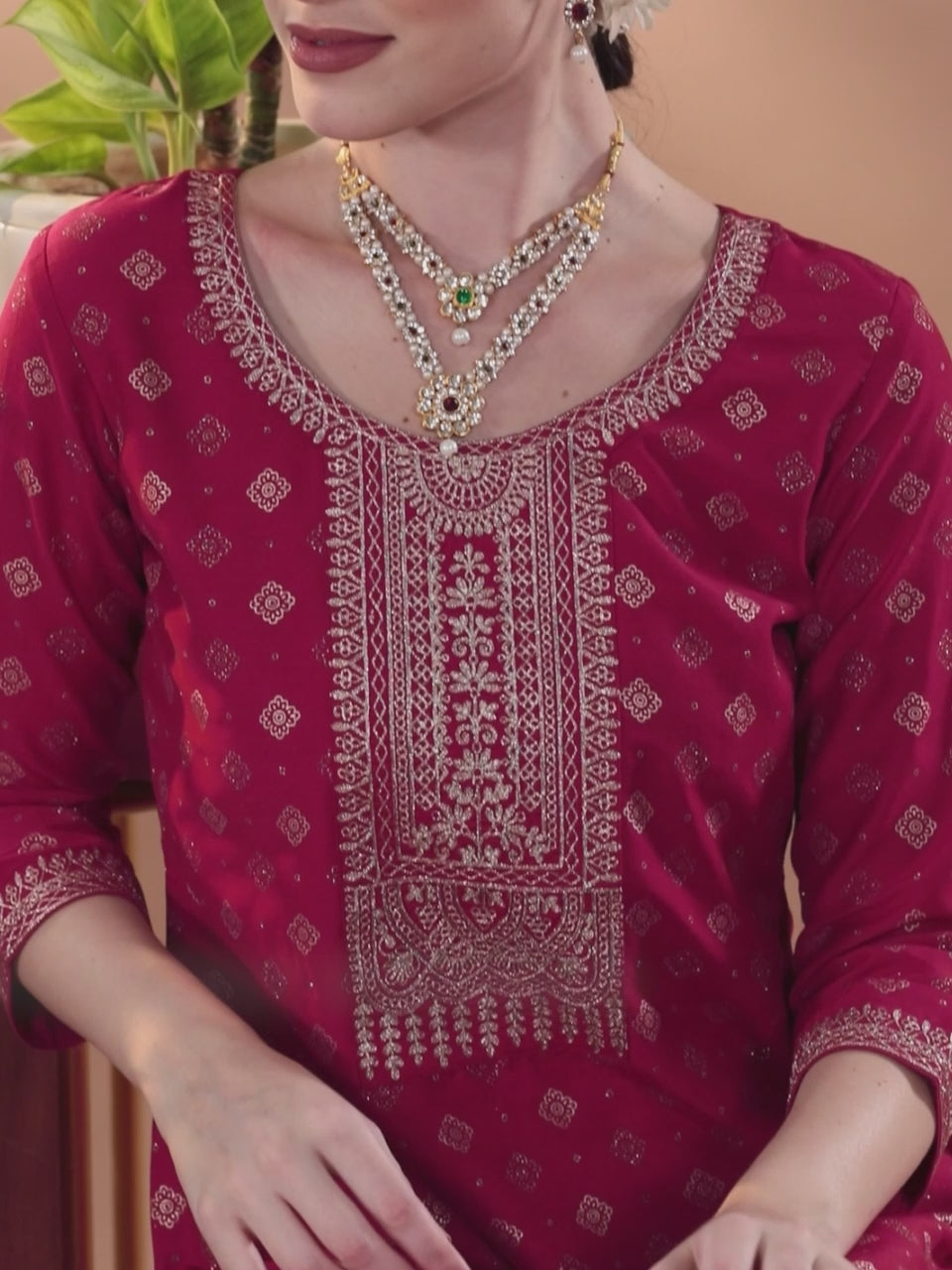  Pink Woven Design Silk Blend Straight Suit With Dupatta 