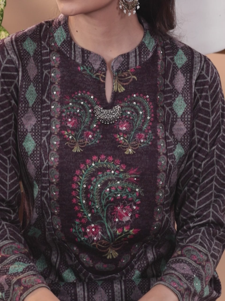  Purple Printed Wool Blend Straight Suit With Dupatta 