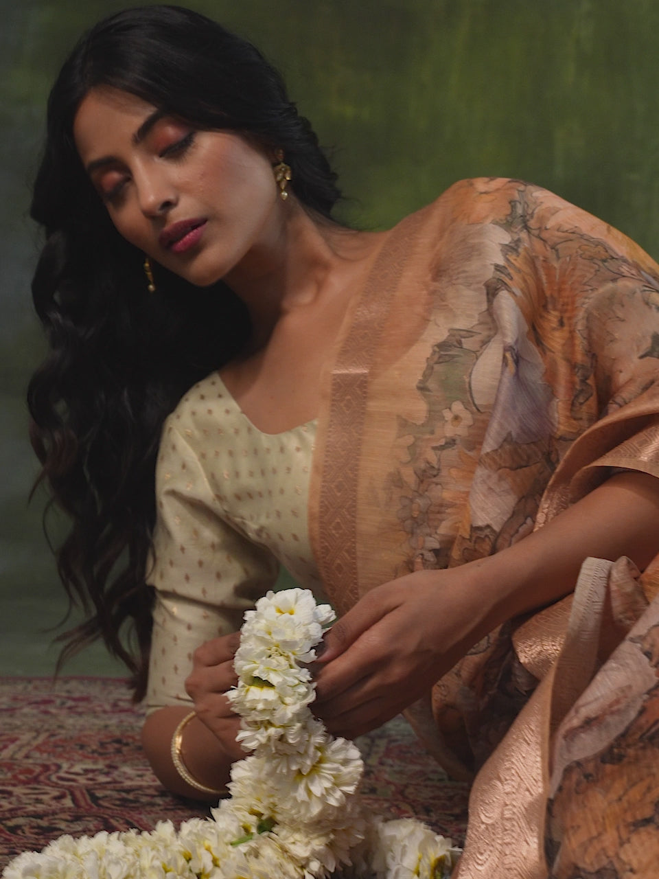  Golden Printed Silk Blend Saree With Unstitched Blouse Piece 