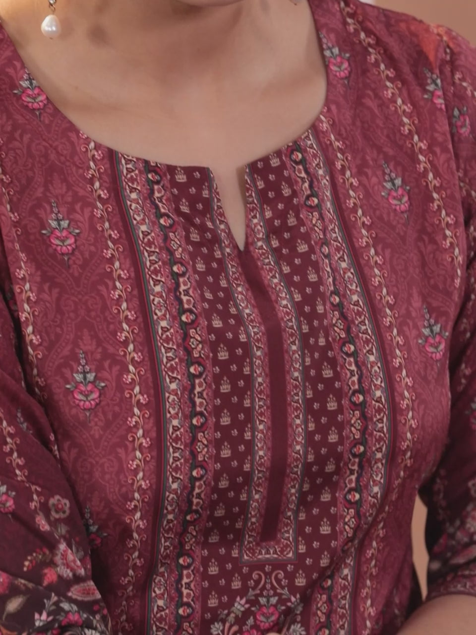 Maroon Printed Crepe Straight Kurta With Trousers & Dupatta