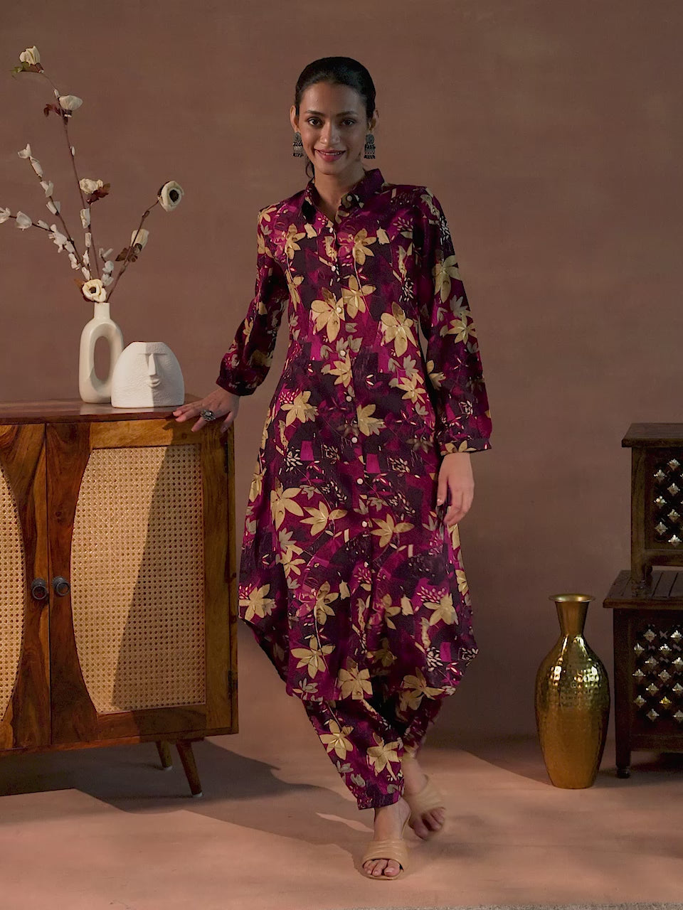  Wine Printed Silk Blend Co-Ords 