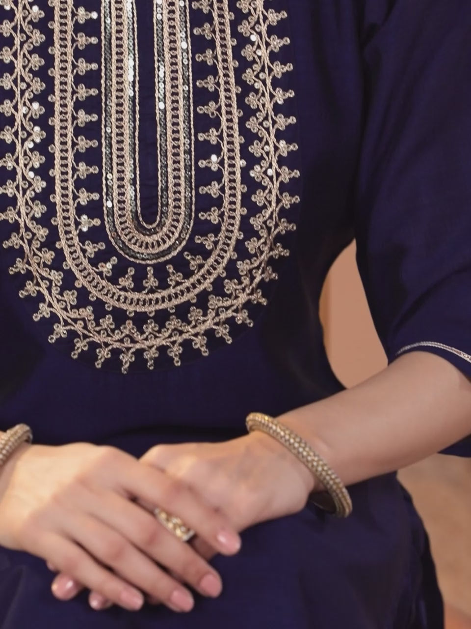  Navy Blue Yoke Design Silk Blend Straight Kurta With Trousers & Dupatta 