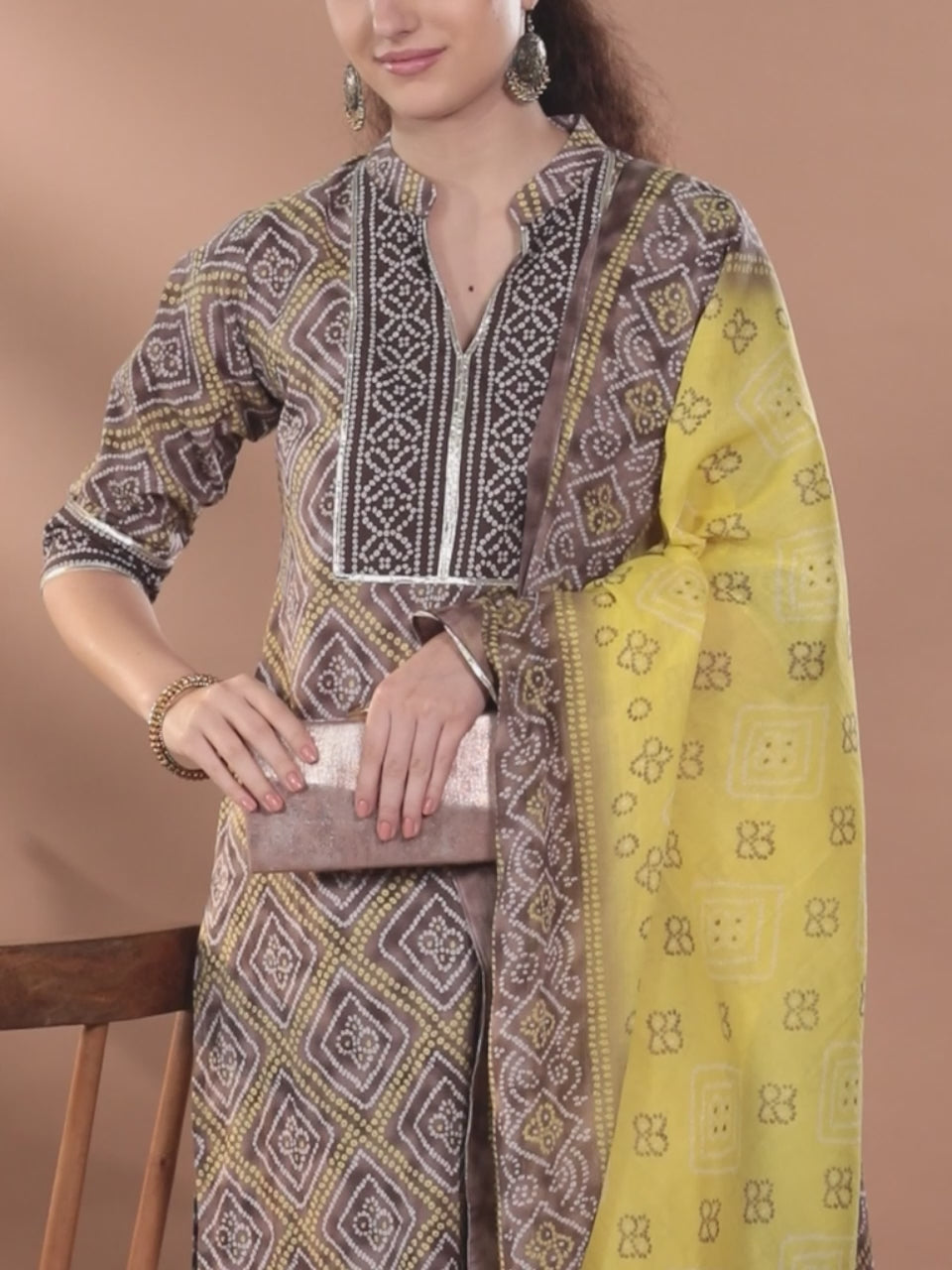 Brown Printed Cotton Straight Kurta With Trousers & Dupatta