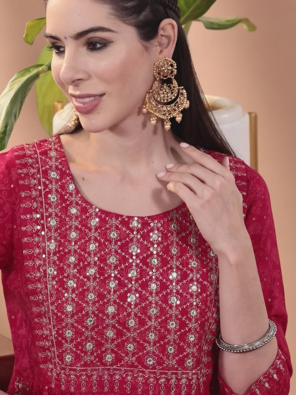  Pink Embroidered Rayon A-Line Kurta With Trousers & Dupatta 