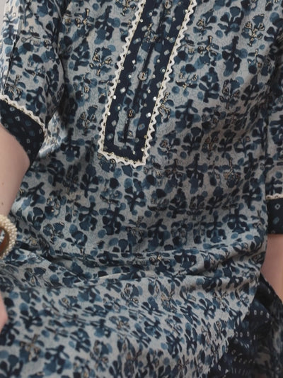 Blue Printed Silk Blend Straight Kurta With Palazzos