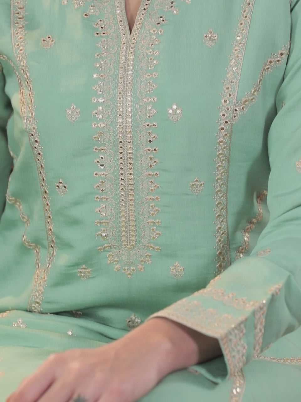  Libas Art Sea Green Embroidered Silk Blend A-Line Kurta With Trousers & Dupatta 