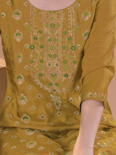 Mustard Woven Design Silk Blend Straight Suit With Dupatta