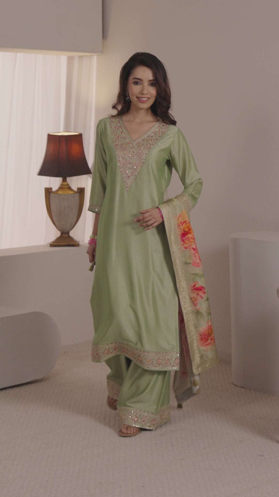  Libas Green Embroidered Silk Blend Straight Suit Set With Printed Dupatta 