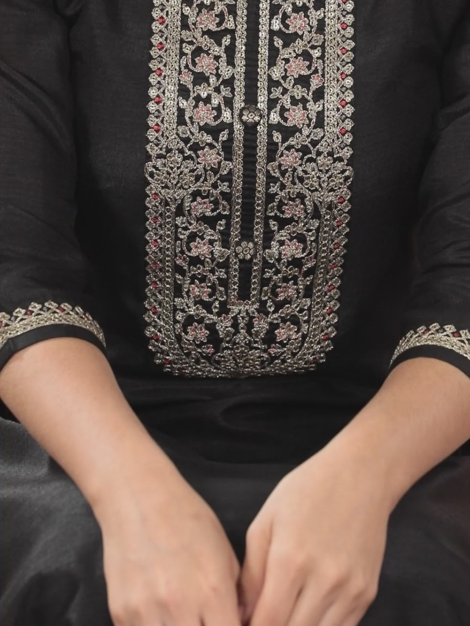  Black Yoke Design Silk Blend Straight Kurta With Trousers & Dupatta 