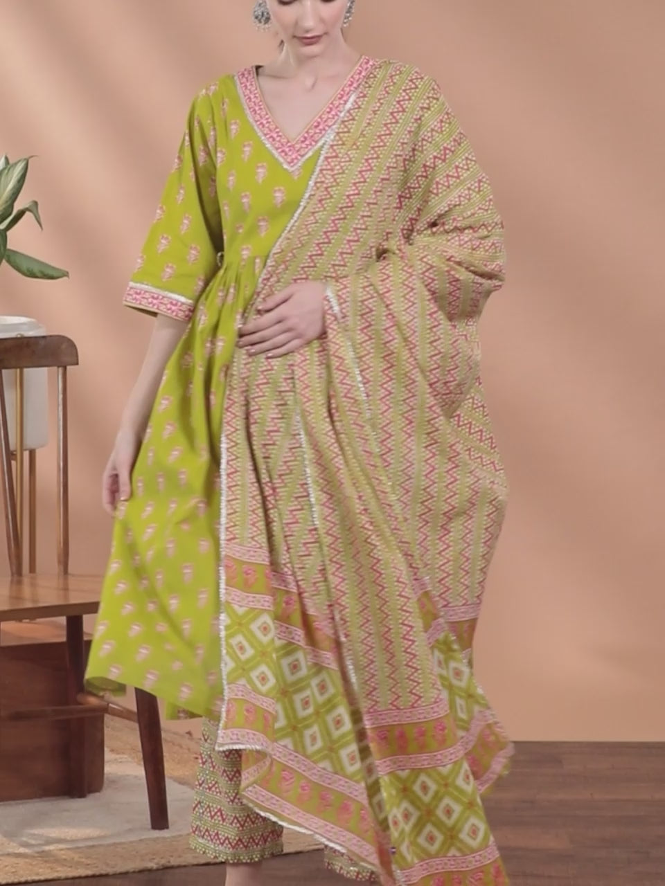  Green Printed Cotton A-Line Kurta With Trousers & Dupatta 
