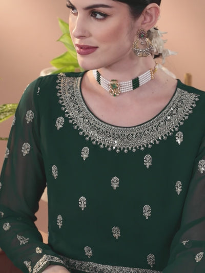 Bottle Green Embroidered Georgette A-Line Kurta With Palazzos & Dupatta