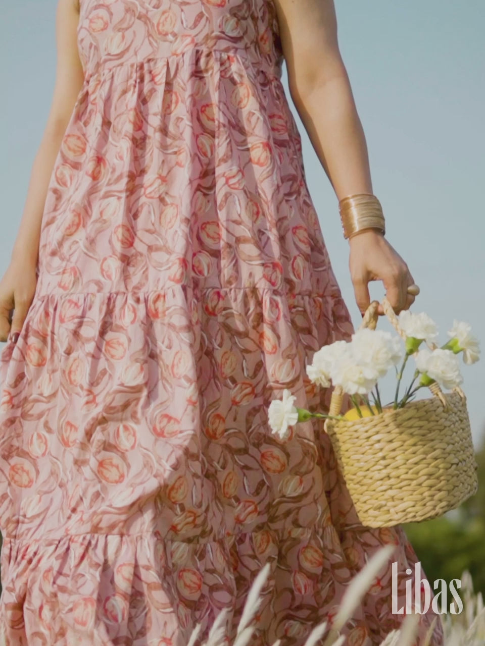 Peach Printed Cotton Fit and Flare Dress 