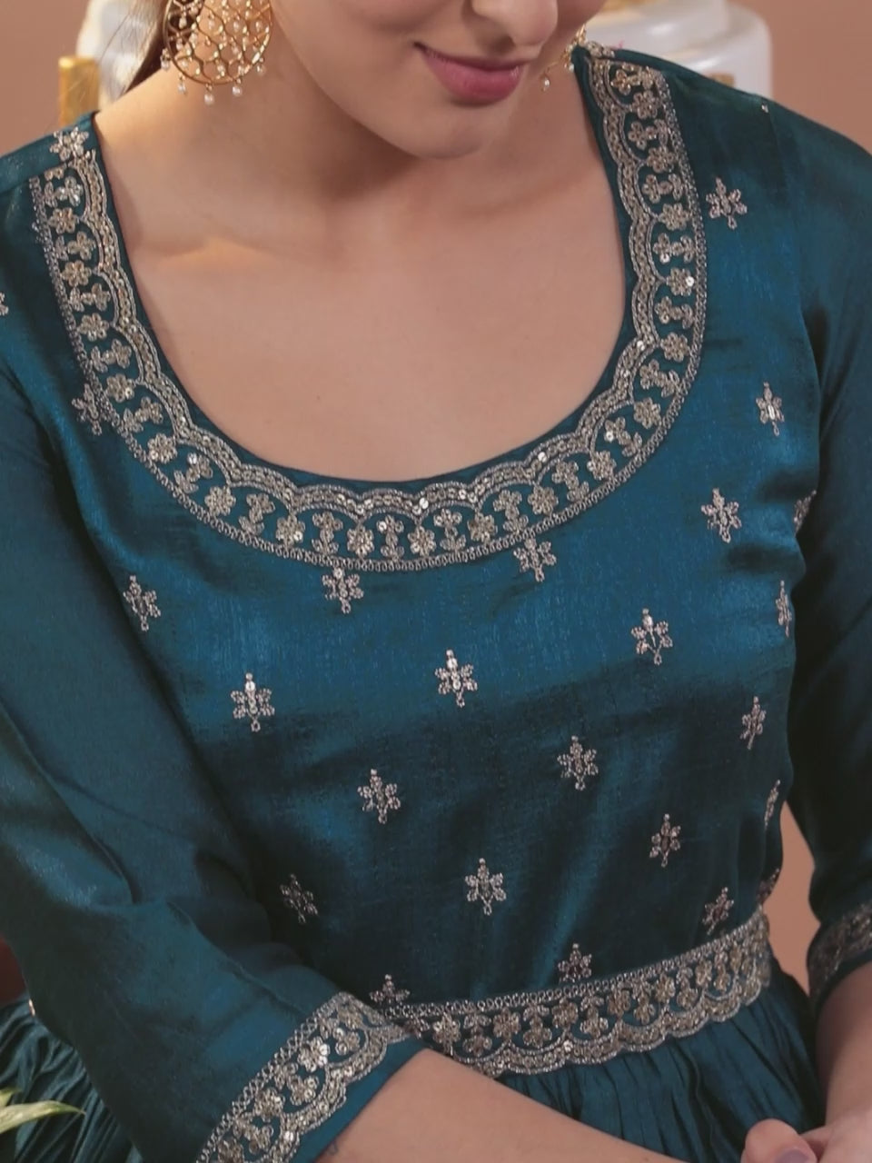 Teal Embroidered Silk Blend Anarkali Kurta With Trousers & Dupatta