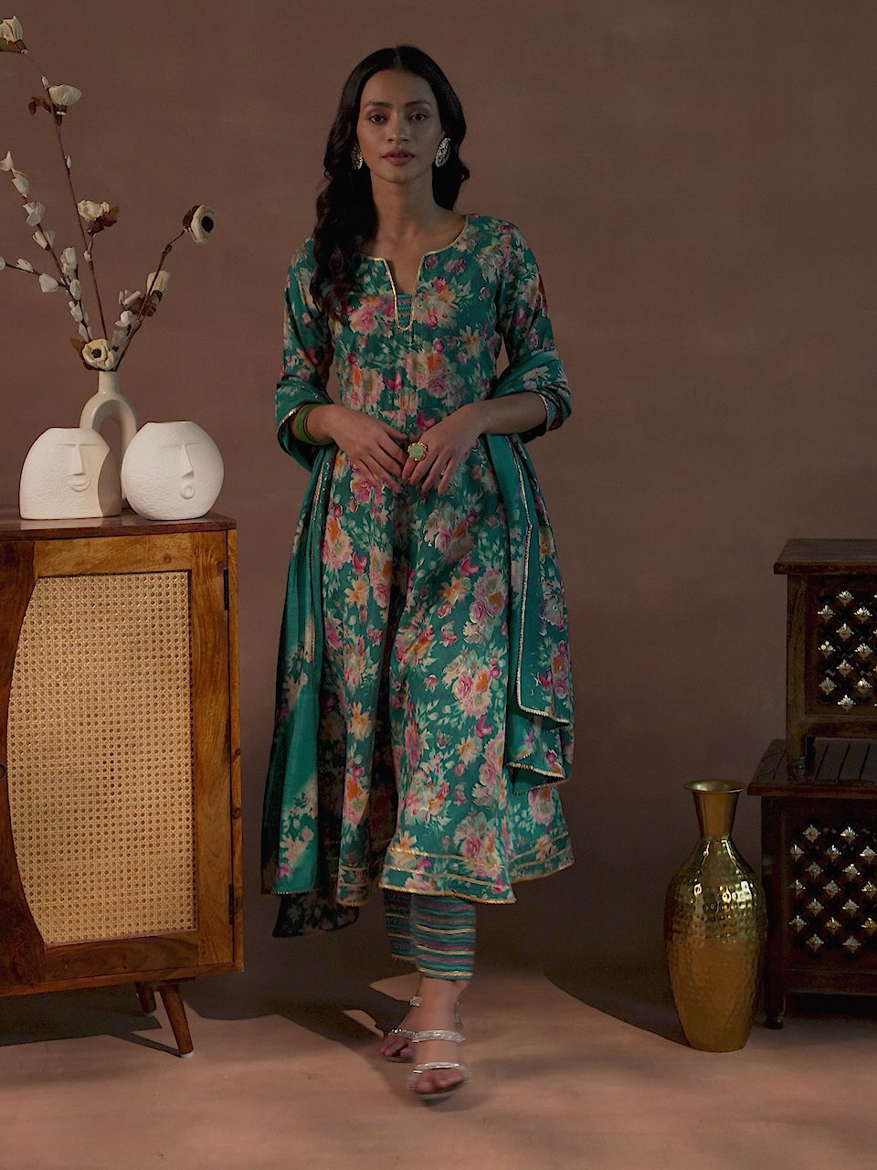  Blue Printed Silk Blend Anarkali Suit With Dupatta 