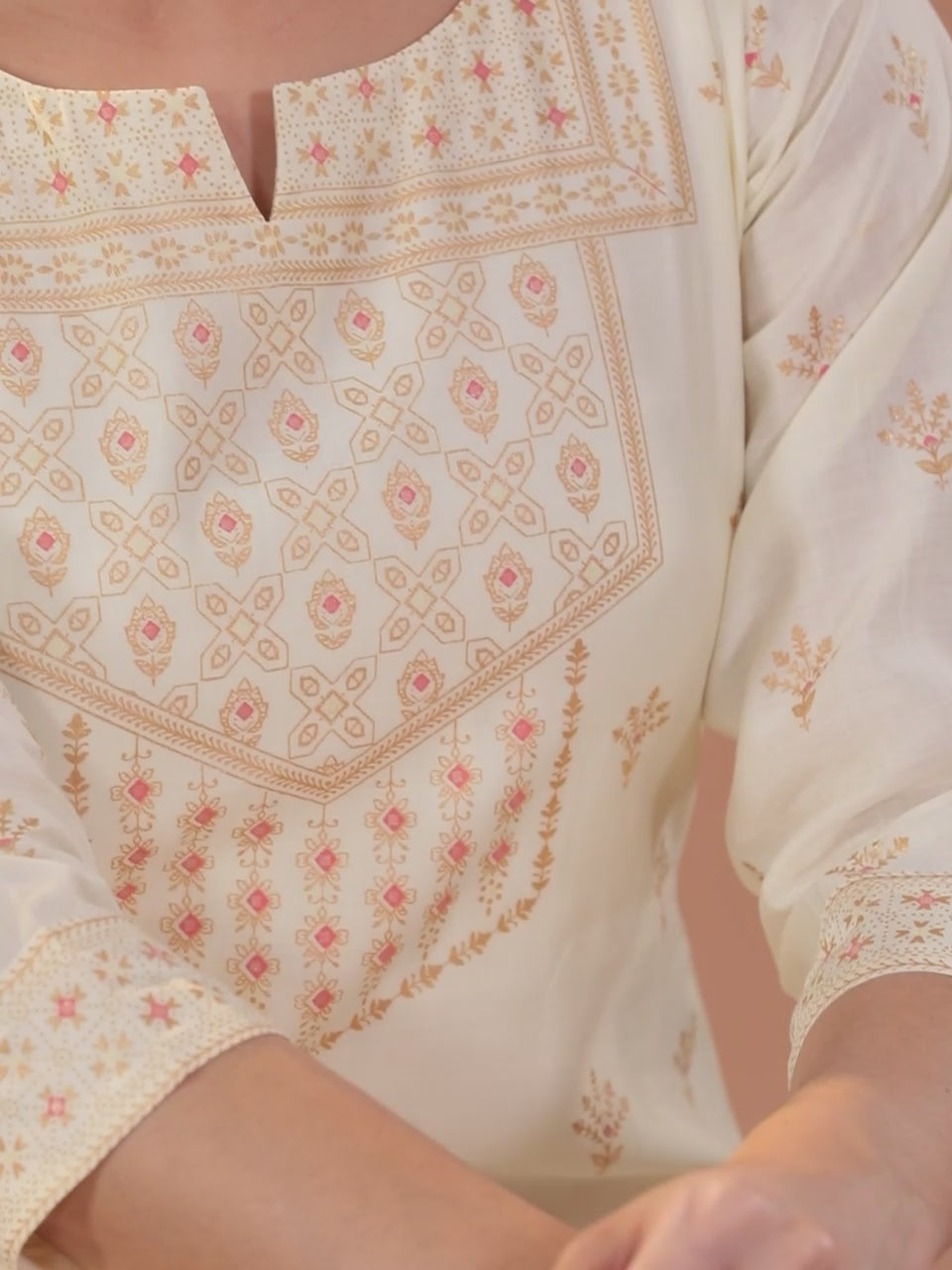 Cream Printed Chanderi Silk Straight Kurta With Trousers & Dupatta