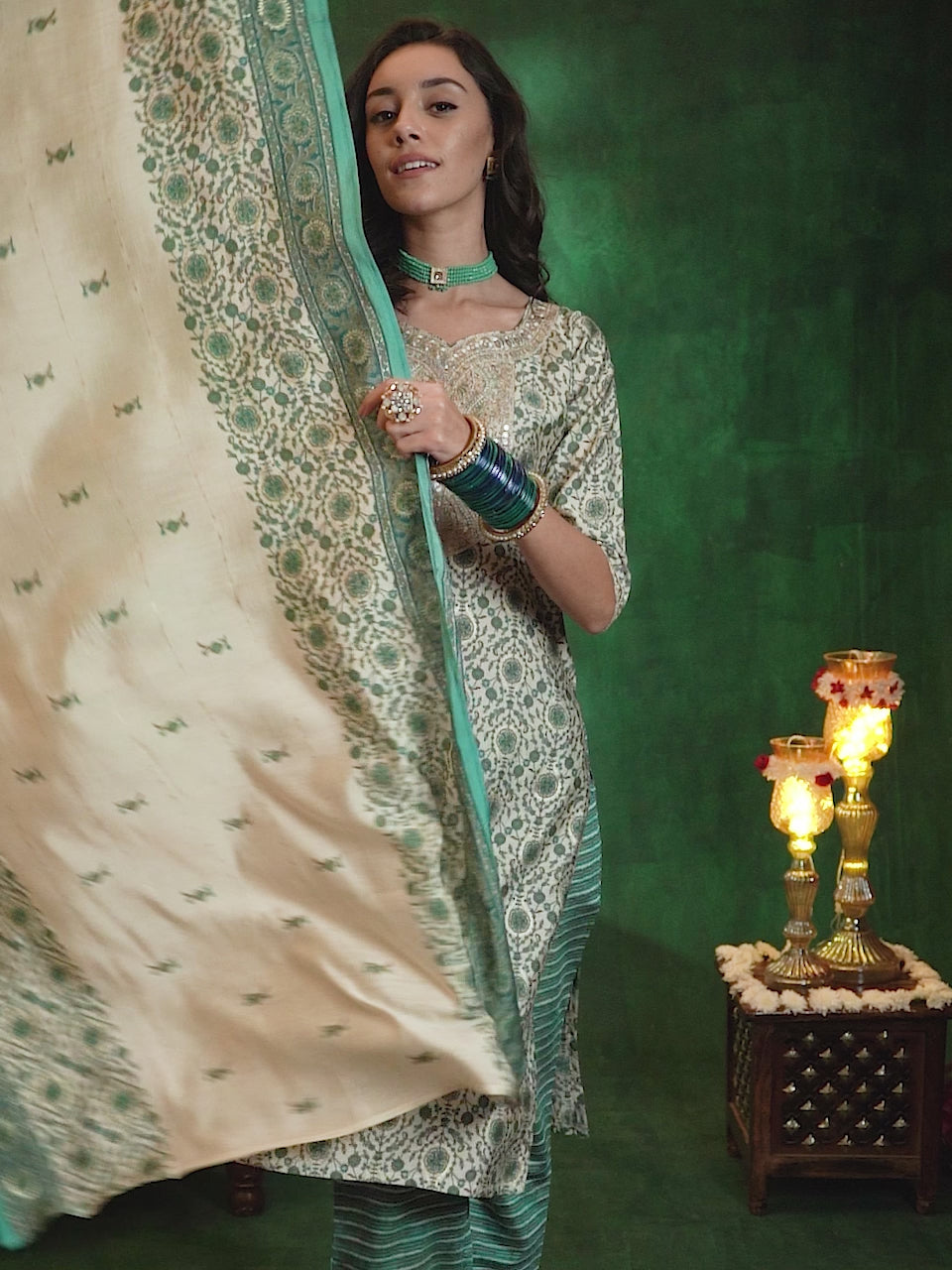  Beige Printed Silk Blend Straight Suit With Dupatta 