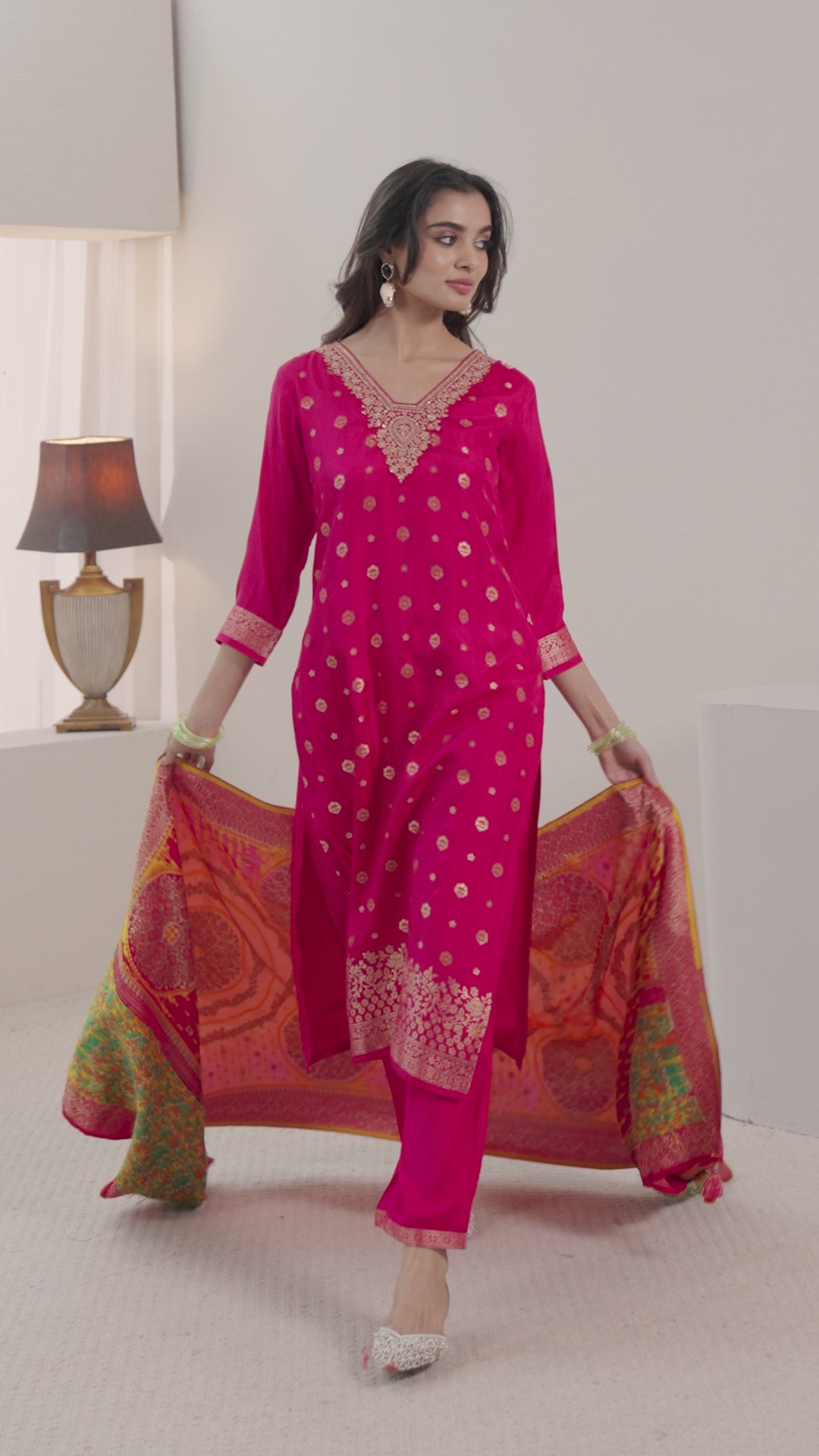  Libas Pink Woven Design Silk Blend Straight Suit Set With Dupatta 