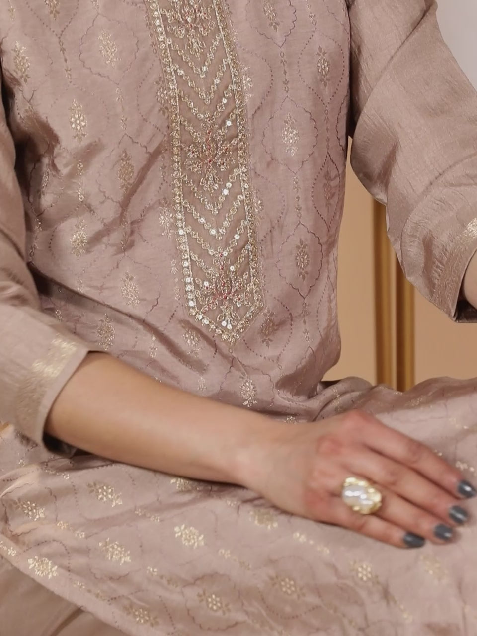 Taupe Embroidered Silk Blend Straight Kurta With Trousers & Dupatta