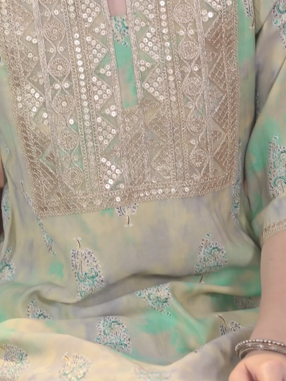 Green Yoke Design Silk Blend Straight Kurta With Trousers & Dupatta 