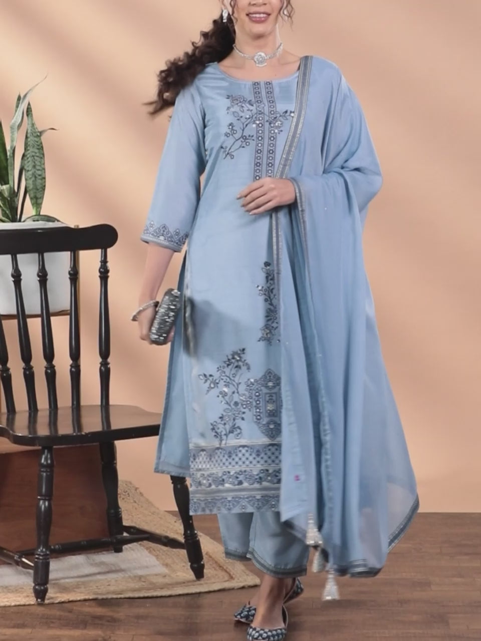  Blue Woven Design Silk Blend Straight Kurta With Trousers & Dupatta 