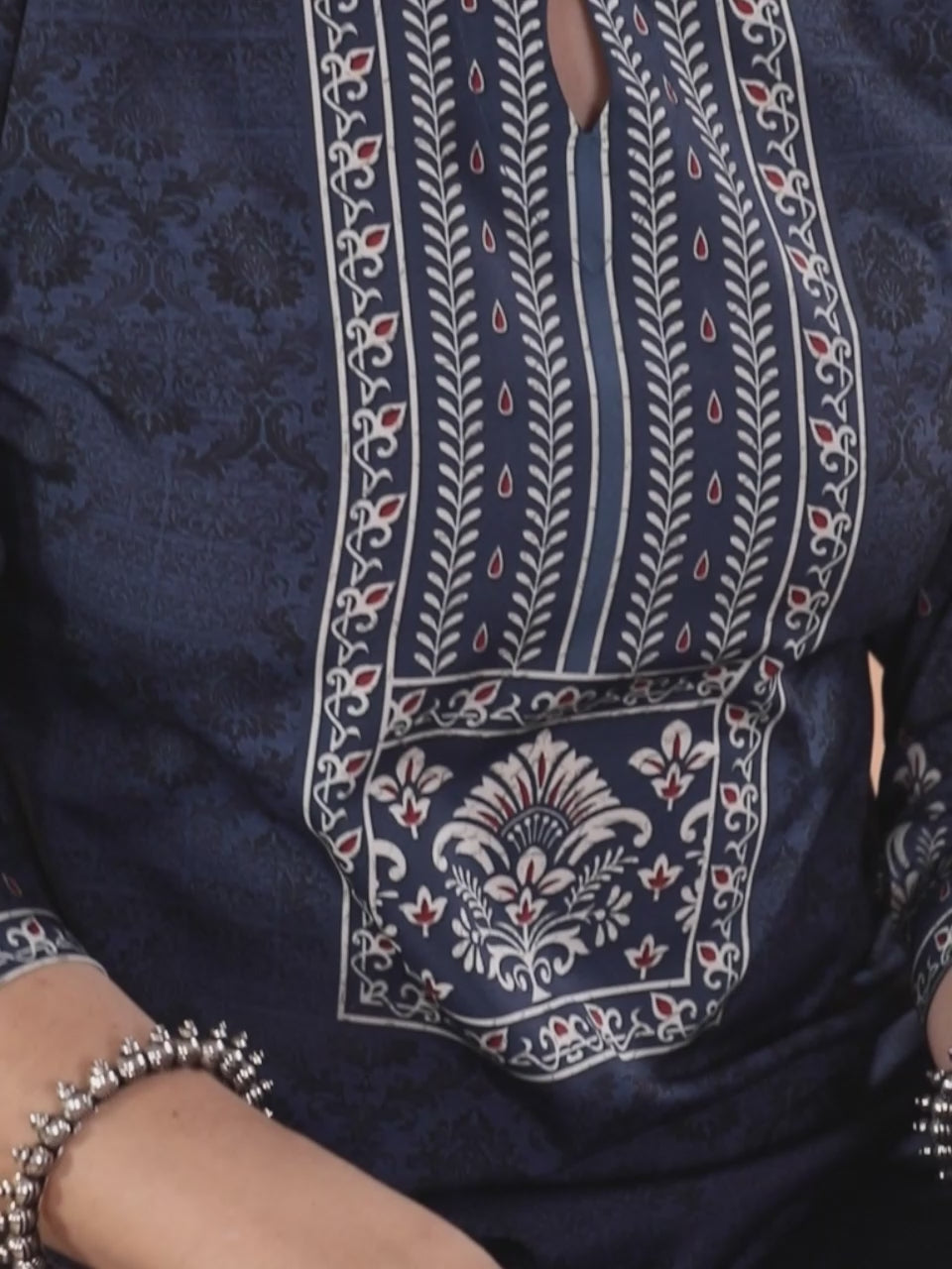  Navy Blue Printed Crepe Straight Kurta With Trousers & Dupatta 
