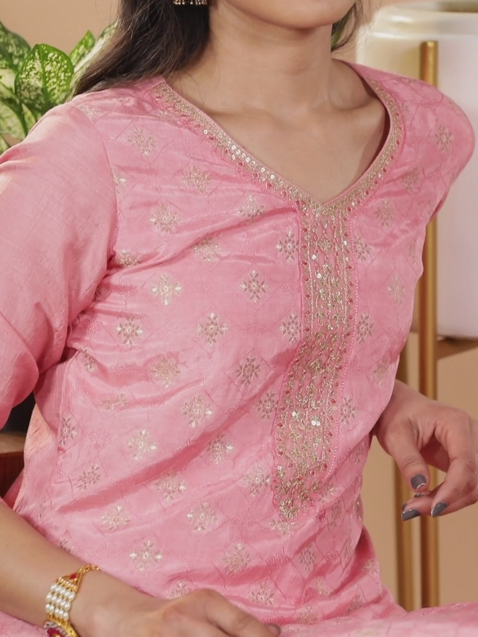  Peach Embroidered Silk Blend Straight Kurta With Trousers & Dupatta 