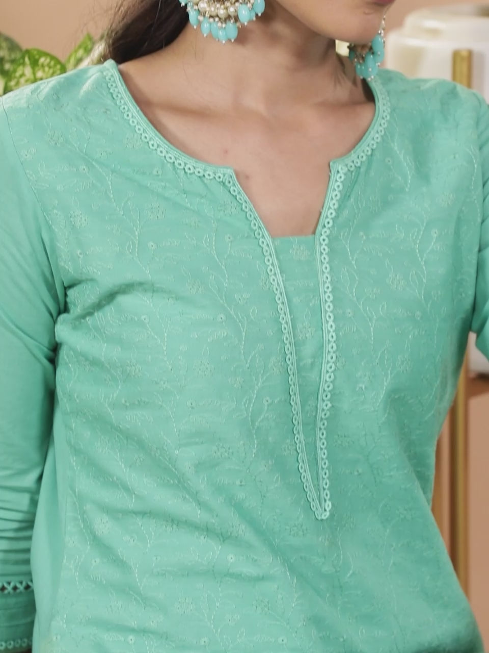  Turquoise Blue Embroidered Cotton Straight Kurta With Trousers & Dupatta 
