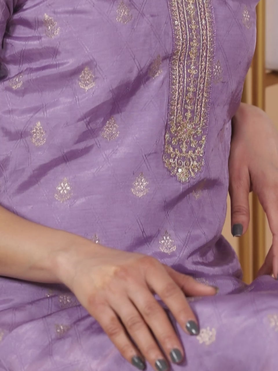  Purple Embroidered Silk Blend Straight Kurta With Trousers & Dupatta 