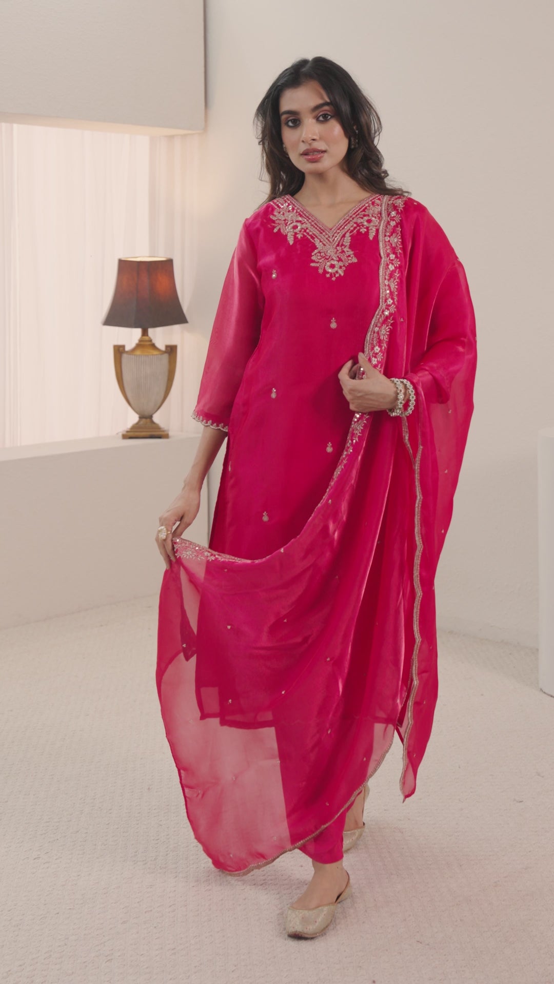  Libas Fuchsia Pink Floral Embroidered Tissue Straight Suit Set 