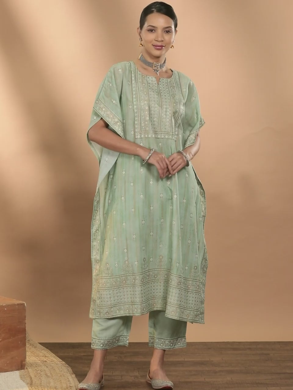  Green Printed Silk Blend Kaftan With Trousers 