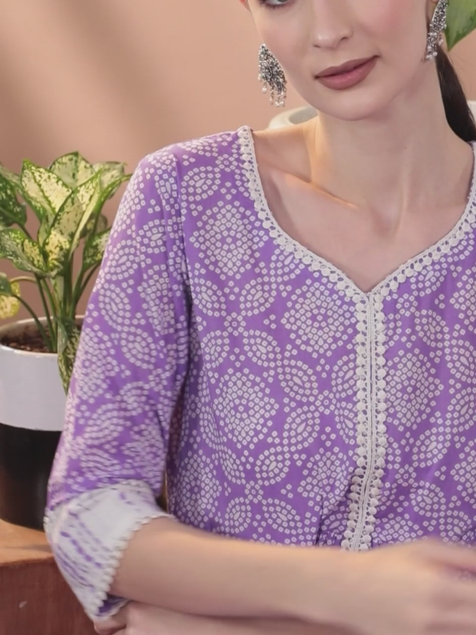  Purple Printed Cotton Anarkali Kurti With Sharara & Dupatta 