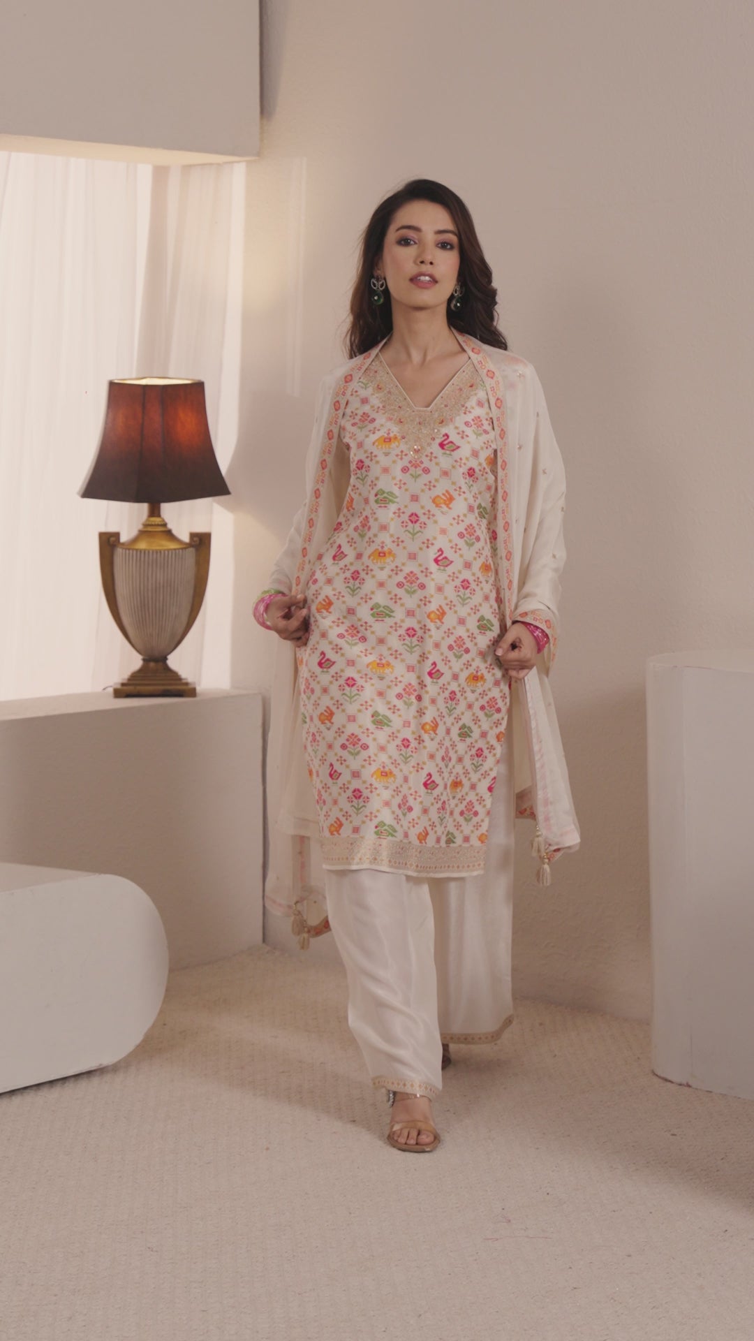  Libas Art Ivory Floral Woven Design Silk Blend Straight Suit Set With Dupatta 