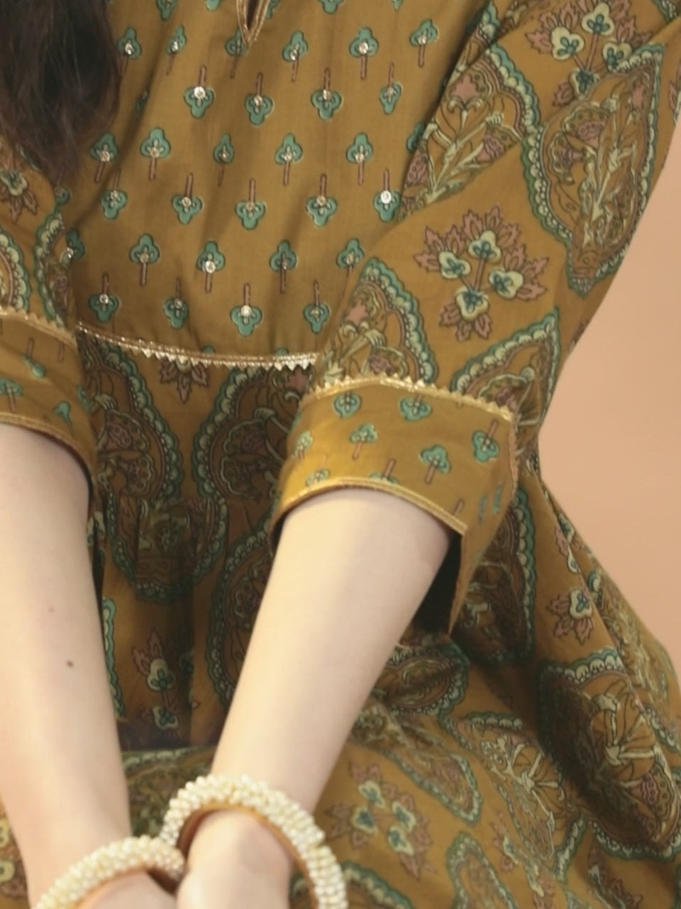  Mustard Printed Cotton Anarkali Suit With Dupatta 