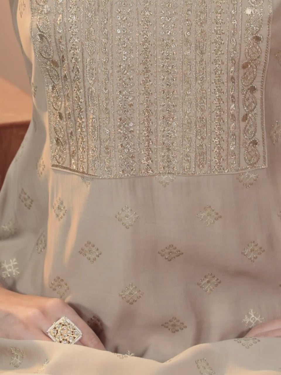  Tan Printed Silk Blend Straight Kurta With Trousers & Dupatta 