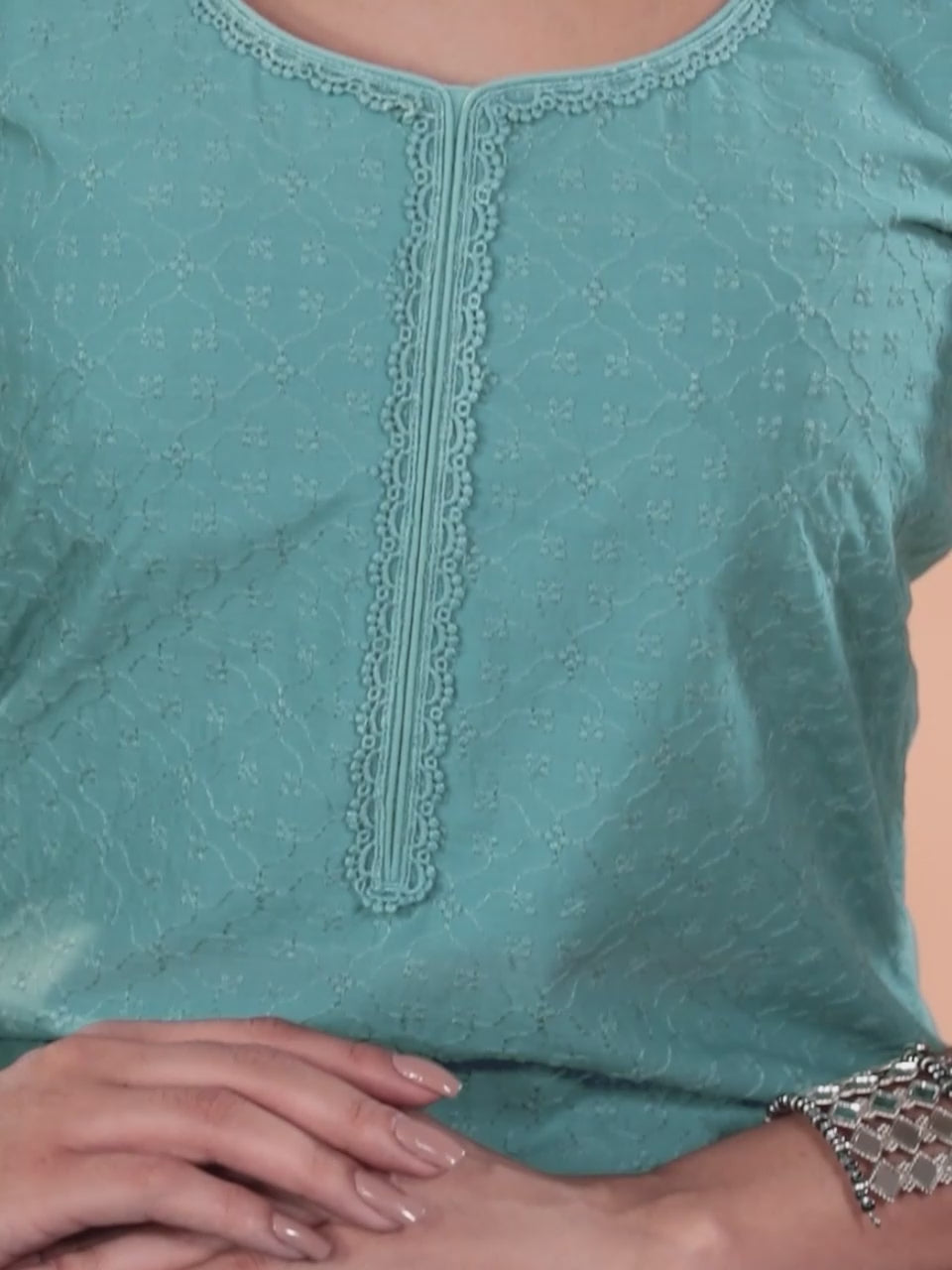  Blue Embroidered Cotton Straight Kurta With Trousers & Dupatta 
